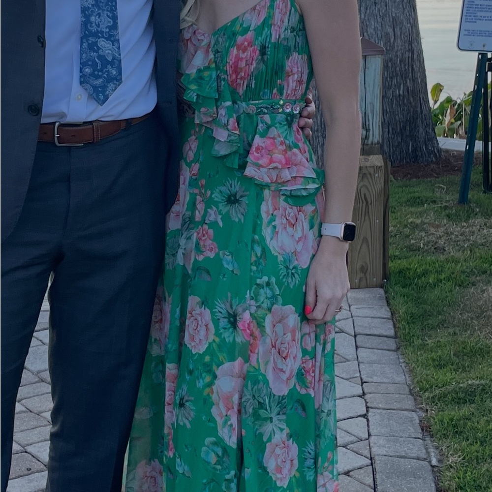 Mac Duggal Green One-Shoulder Floral Ruffle Maxi Dress